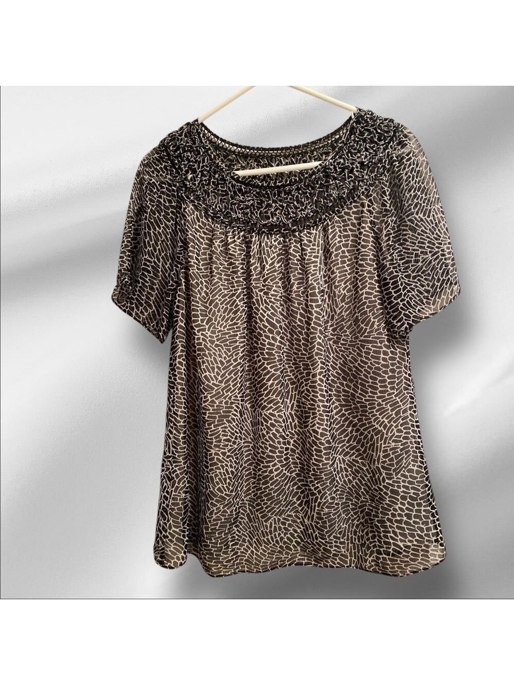 Coldwater Creek Animal Print Blouse Womens 8 Black & White Sheer Neckline